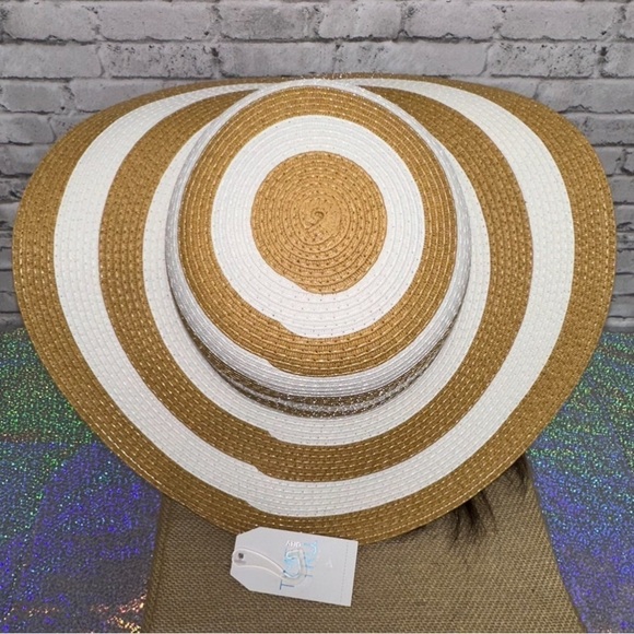 Time and Tru Striped Women's Sun Hat One Size Tan White Beach Floppy Hat NEW - Picture 6 of 11
